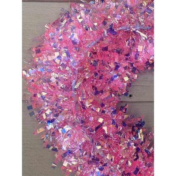 14” Iridescent Pink Tinsel Heart Valentines Day Wreath Sign Party Decor - Picture 3 of 5
